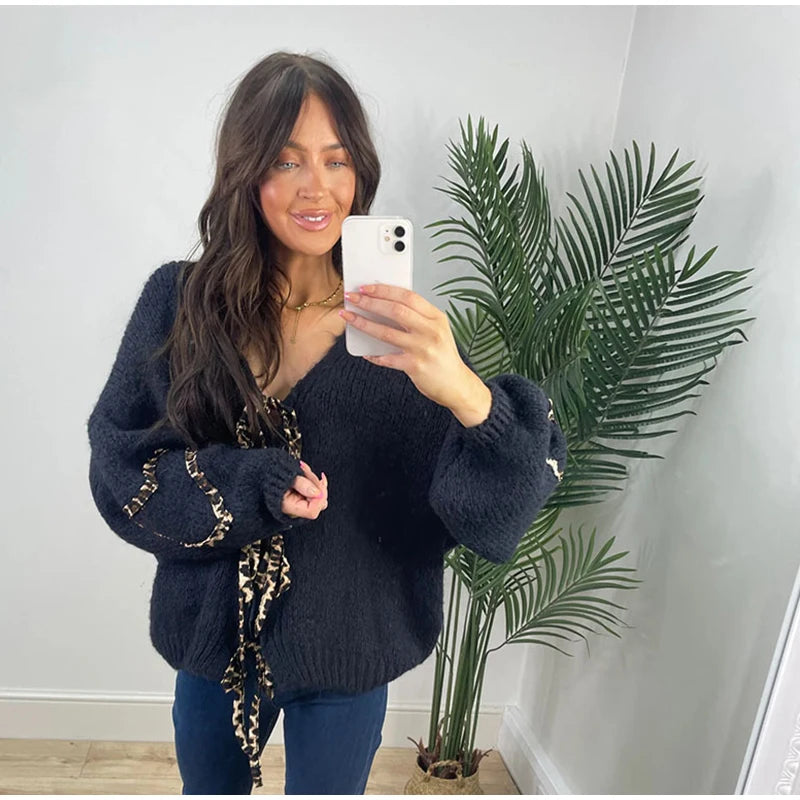 Leopard Lace-Up V-Neck Cardigan