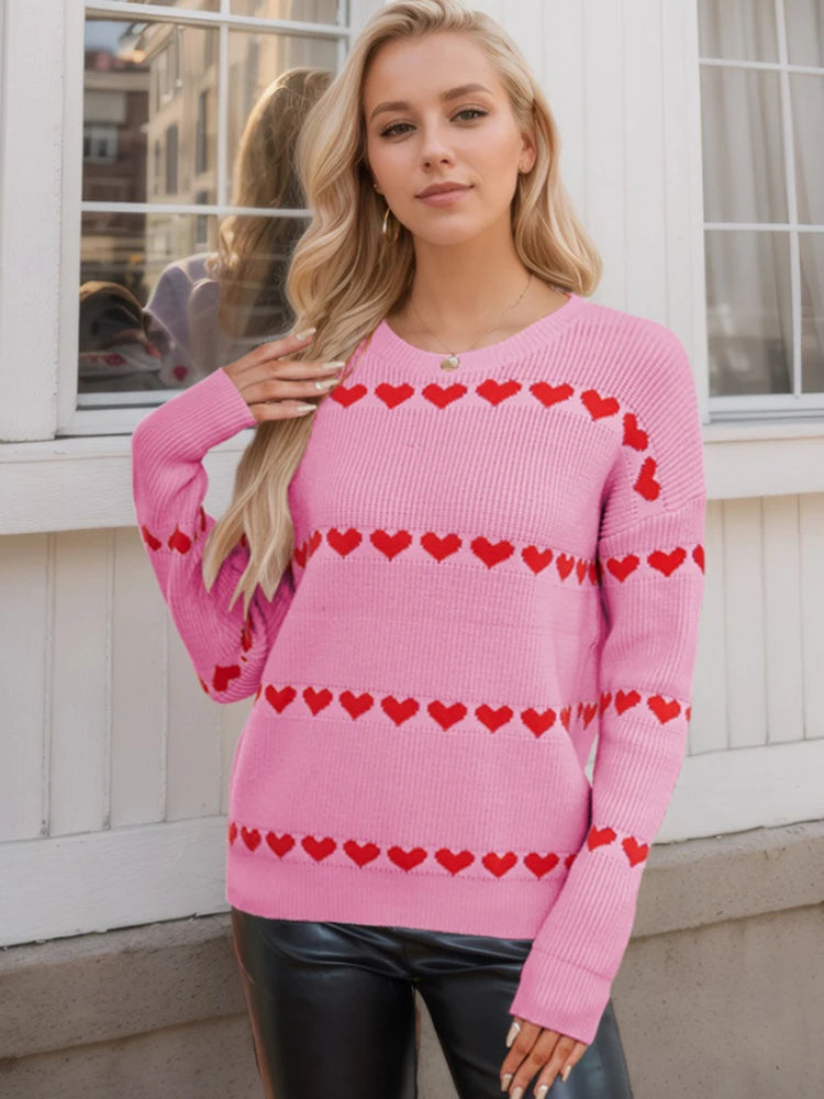 Cute Heart Print Knit Pullover Sweater