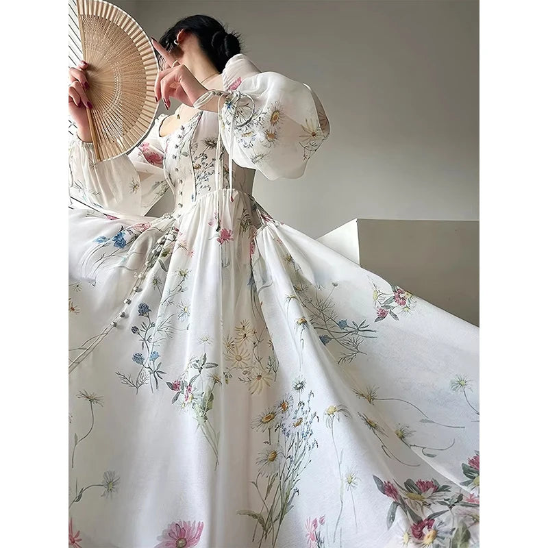 Vintage Square Neck Floral Dress
