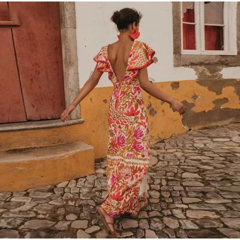 Backless Ruffle V-Neck Maxi Dress