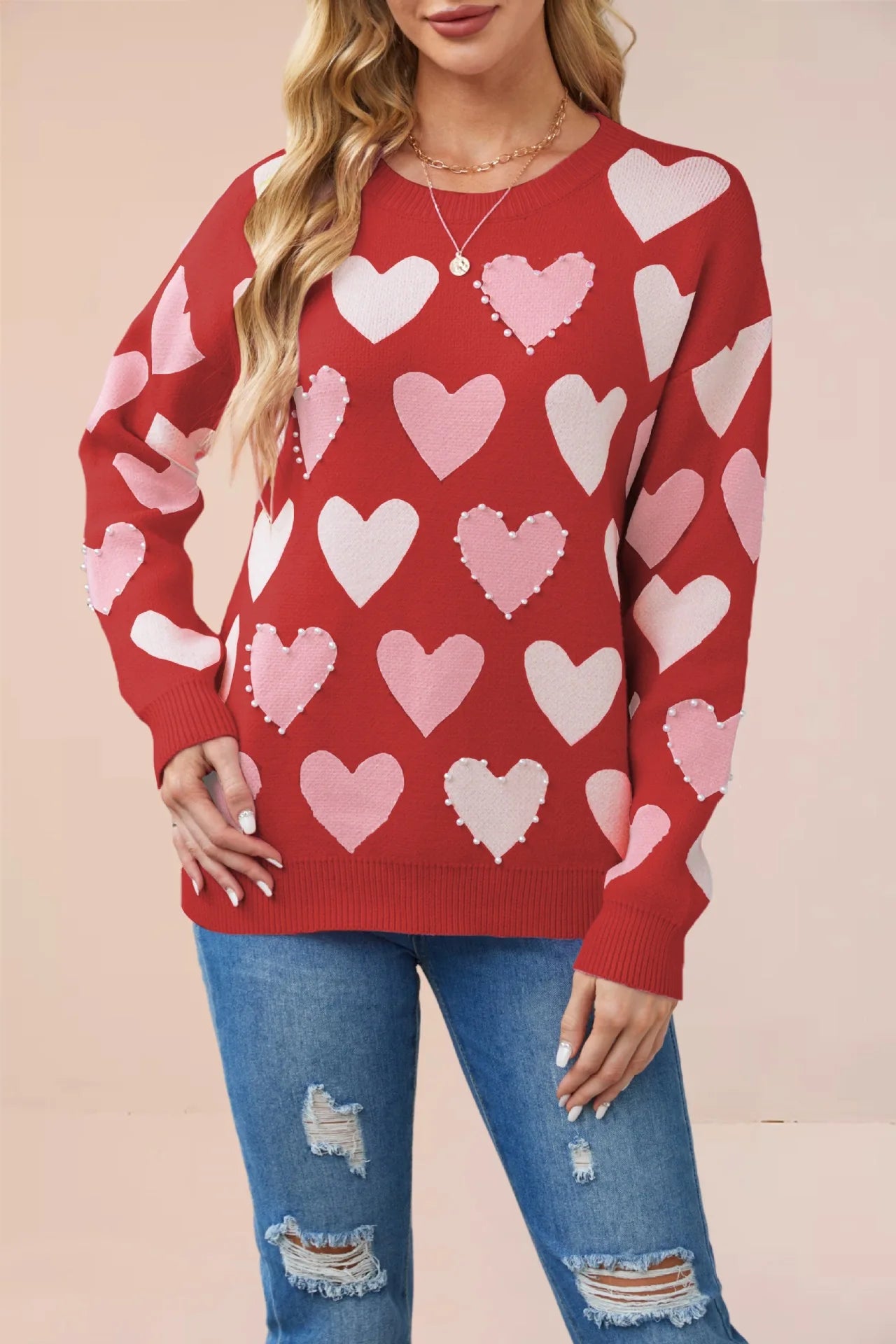 Pearl Heart Beaded Knit Pullover Sweater