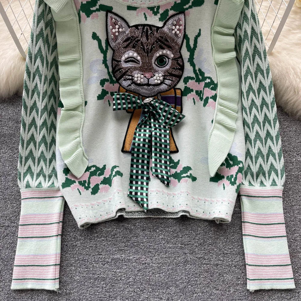 Whimsical Charm Cat Embroidered Sweater