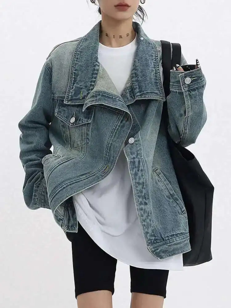 Denim Charm Patchwork Turtleneck Coat