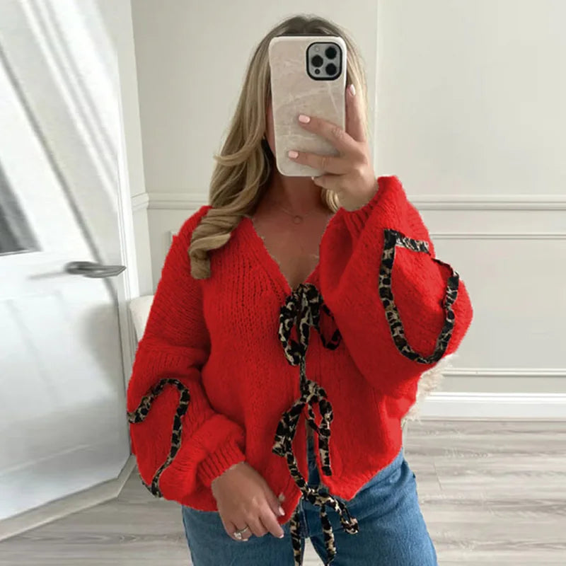 Leopard Lace-Up V-Neck Cardigan