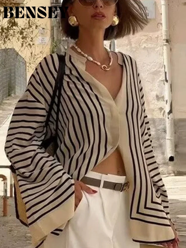 Striped Silk Flare Sleeve Blouse