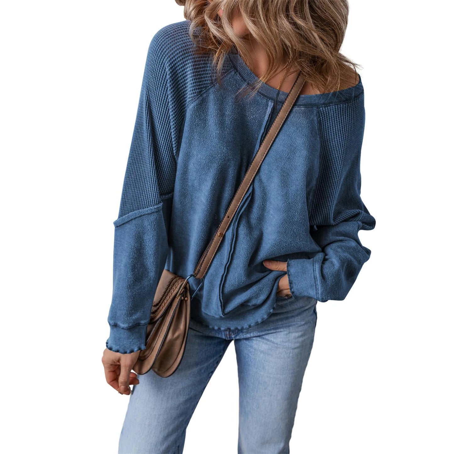 Patchwork Charm Waffle Knit Pullover