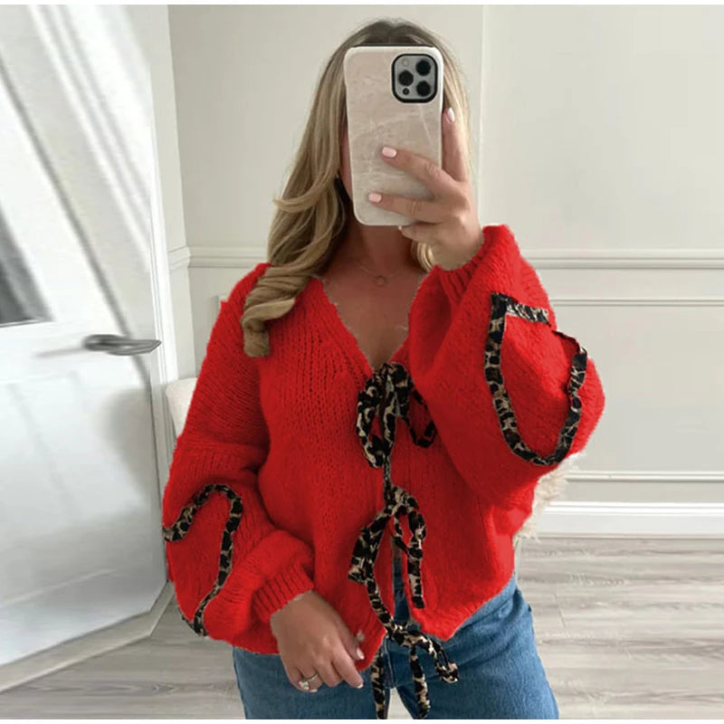 Leopard Lace-Up V-Neck Cardigan