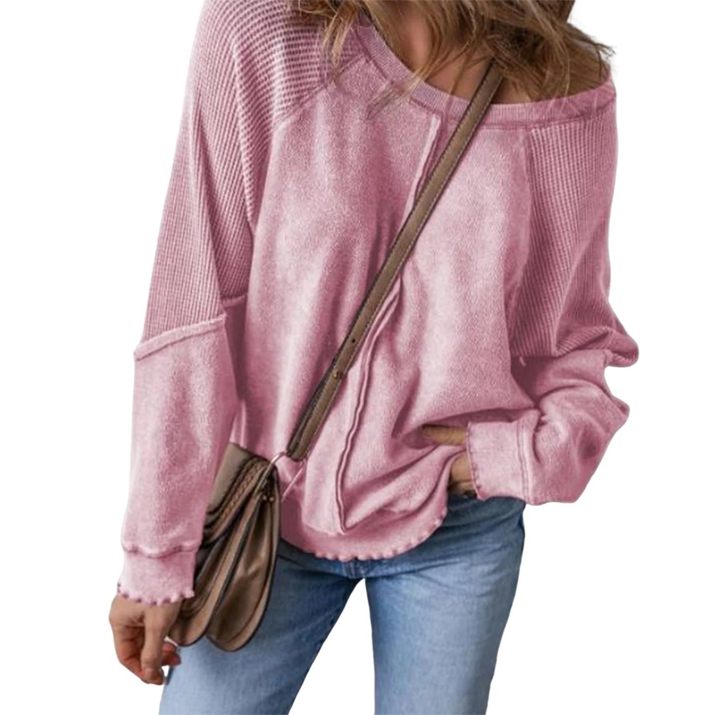 Patchwork Charm Waffle Knit Pullover