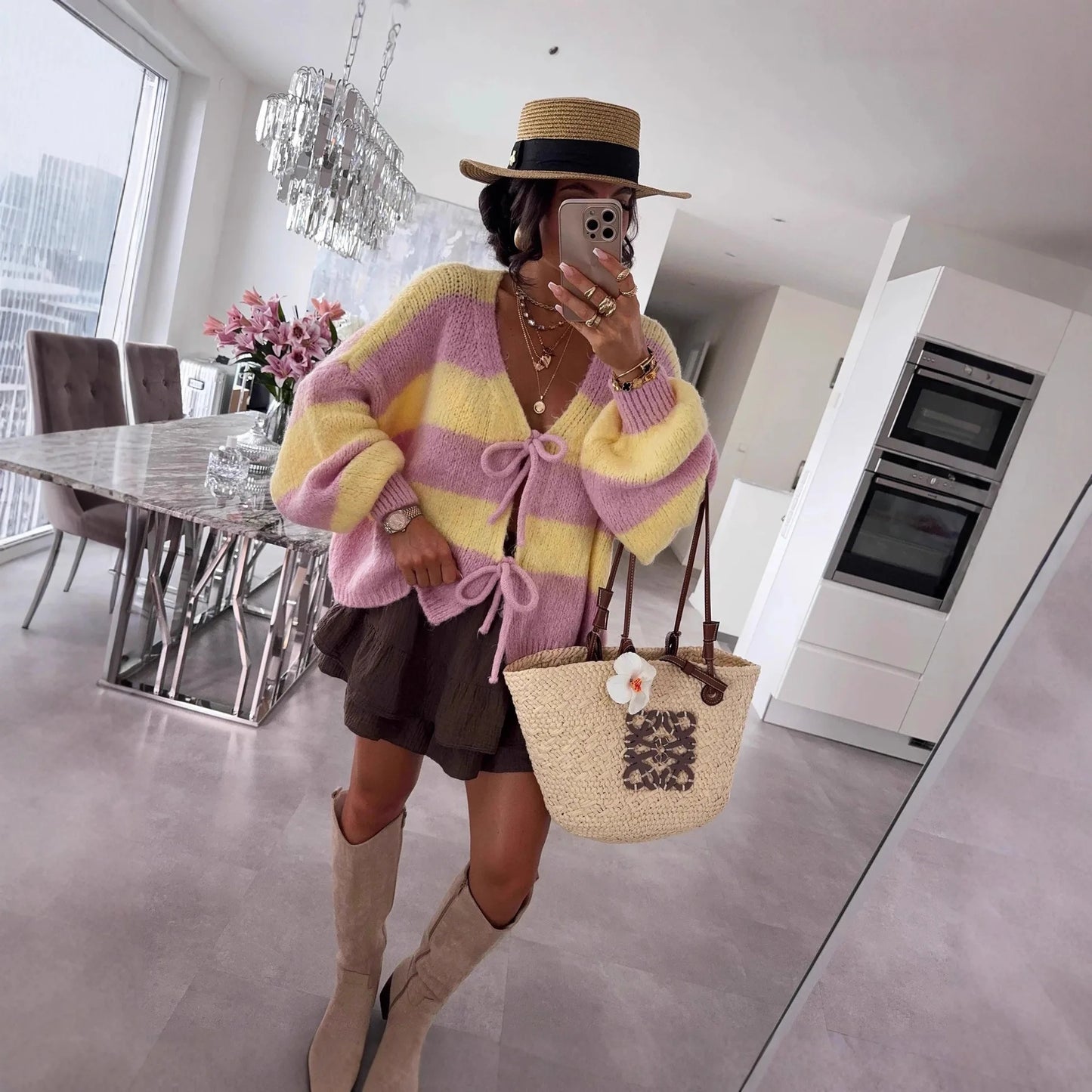 Knitted Open Cardigan Round Neck