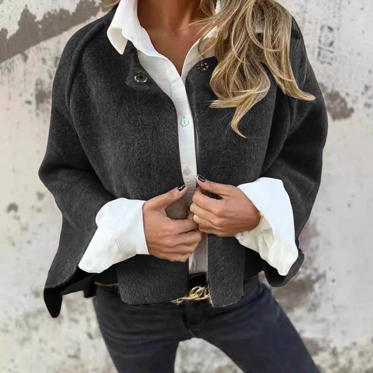 Casual Wool Blend Jacket — Chic Office Cropped Wear