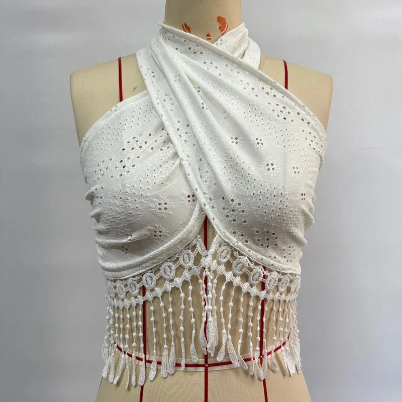 Whitelush Tassel Halter Tank Top