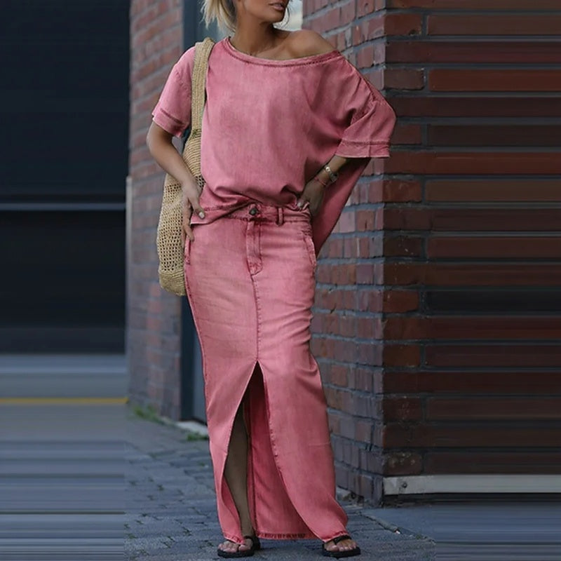 Elegant Denim Split Skirt Set