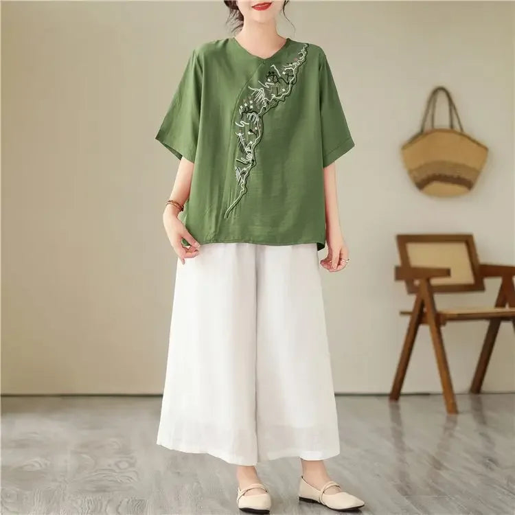 Lotus Whisper Embroidered Tea Blouse