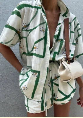 Printed Button Shirt and Shorts Set