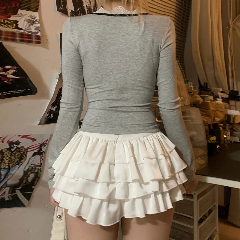 Bow Lace Square Neck Patchwork Top