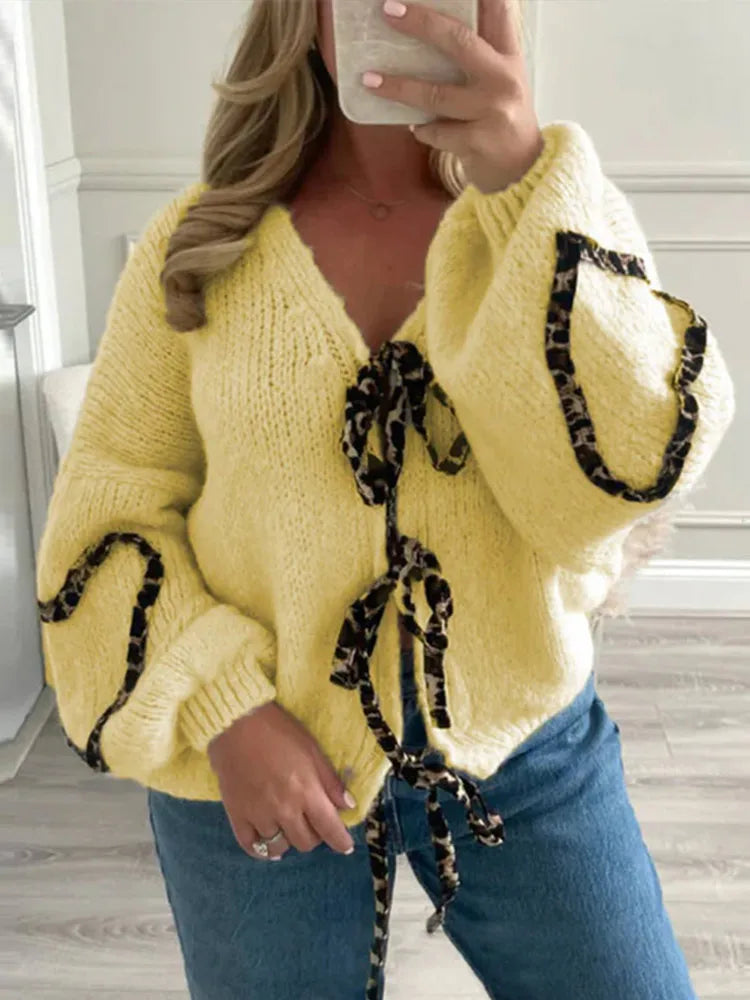 Leopard Lace-Up V-Neck Cardigan