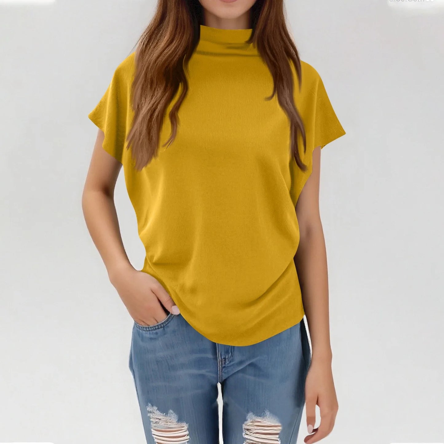 Soft Pleated Turtleneck Short Sleeve Top