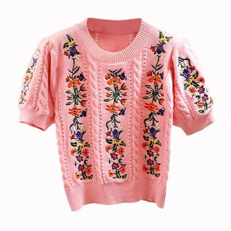 Embroidered Grace Puff Sleeve Knit Rich Allure