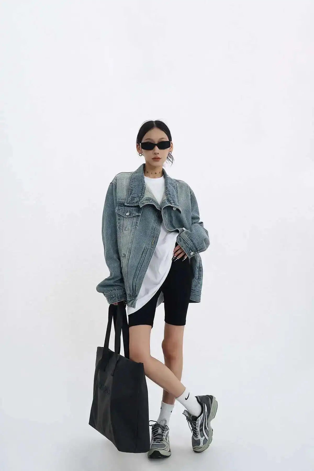 Denim Charm Patchwork Turtleneck Coat