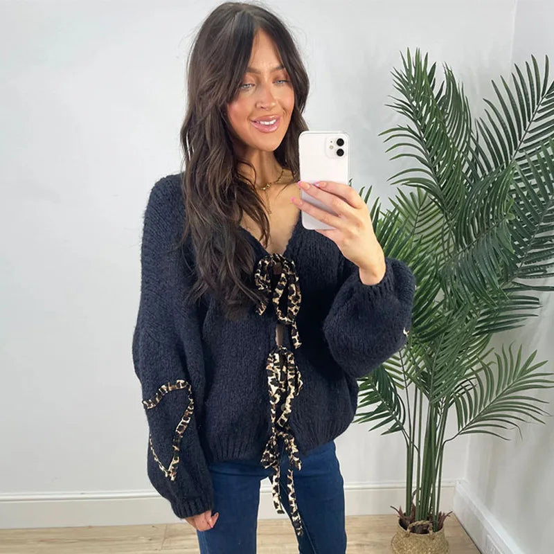 Leopard Lace-Up V-Neck Cardigan