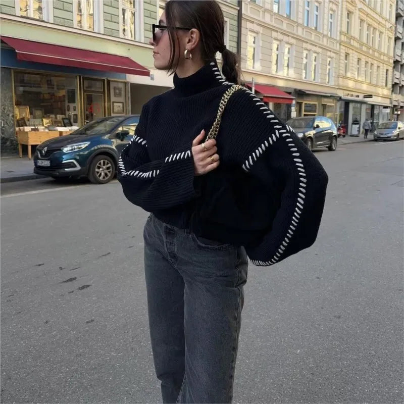Contrast Knit O-Neck Sweater