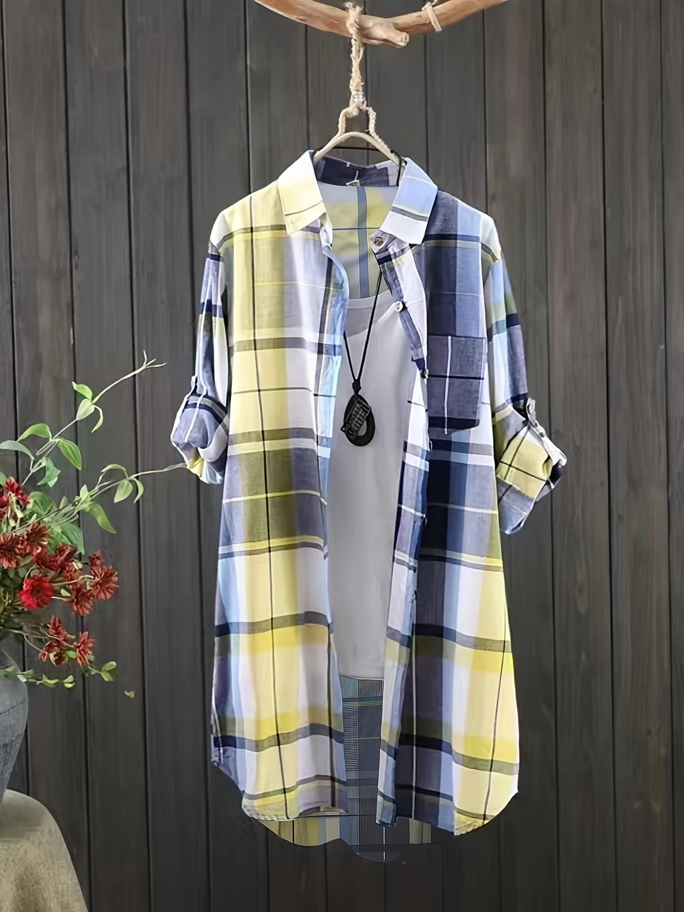 Plaid Charm Oversized Lapel Shirt Rich Allure