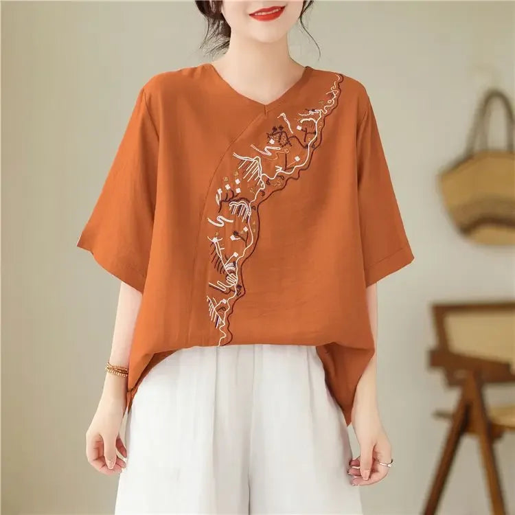 Lotus Whisper Embroidered Tea Blouse