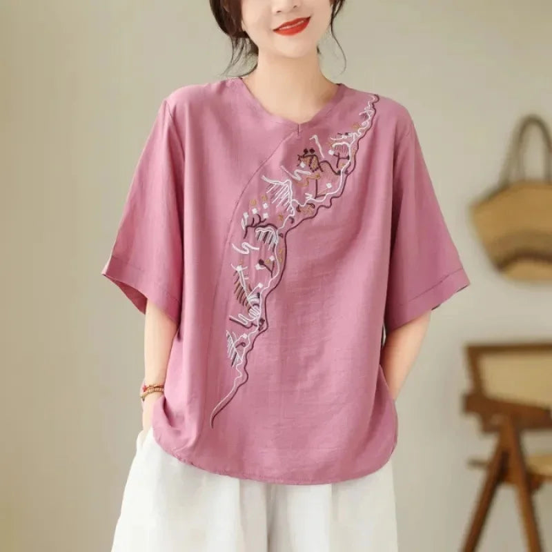 Lotus Whisper Embroidered Tea Blouse