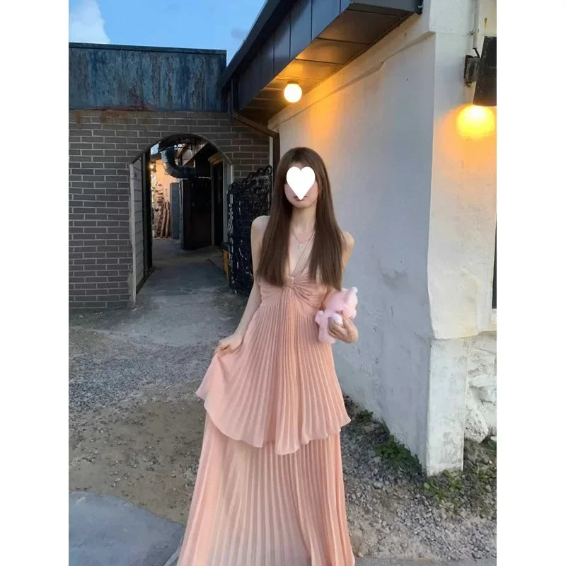 Pleated Halter Neck Summer Gown