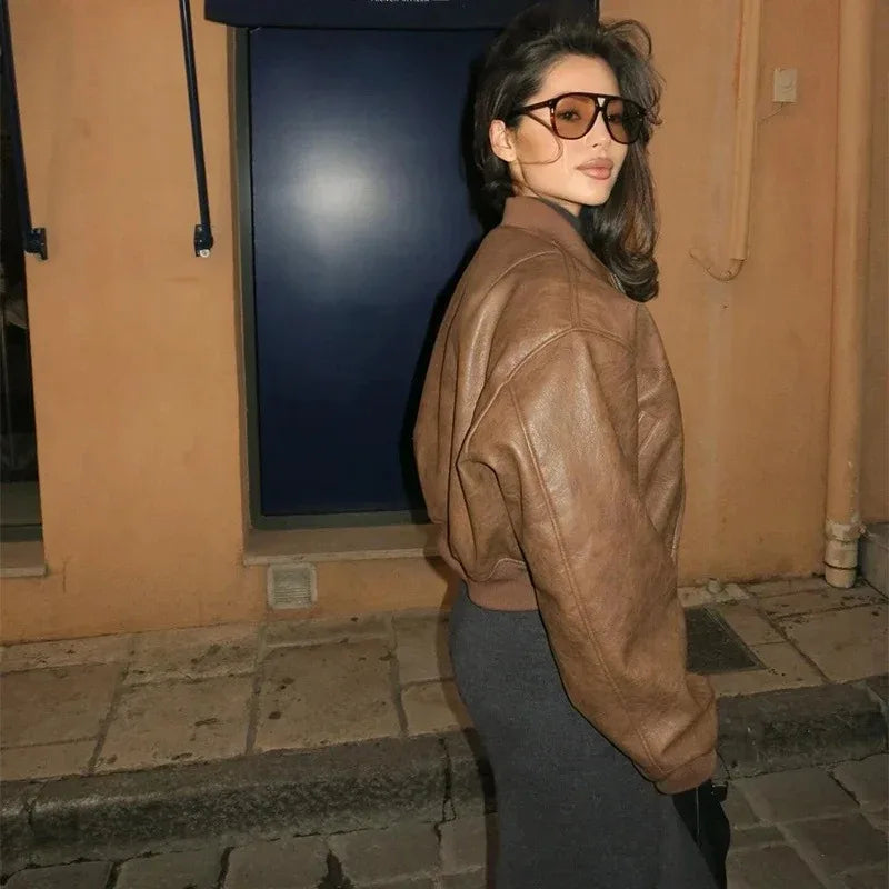 Vintage O-Neck Leather Jacket