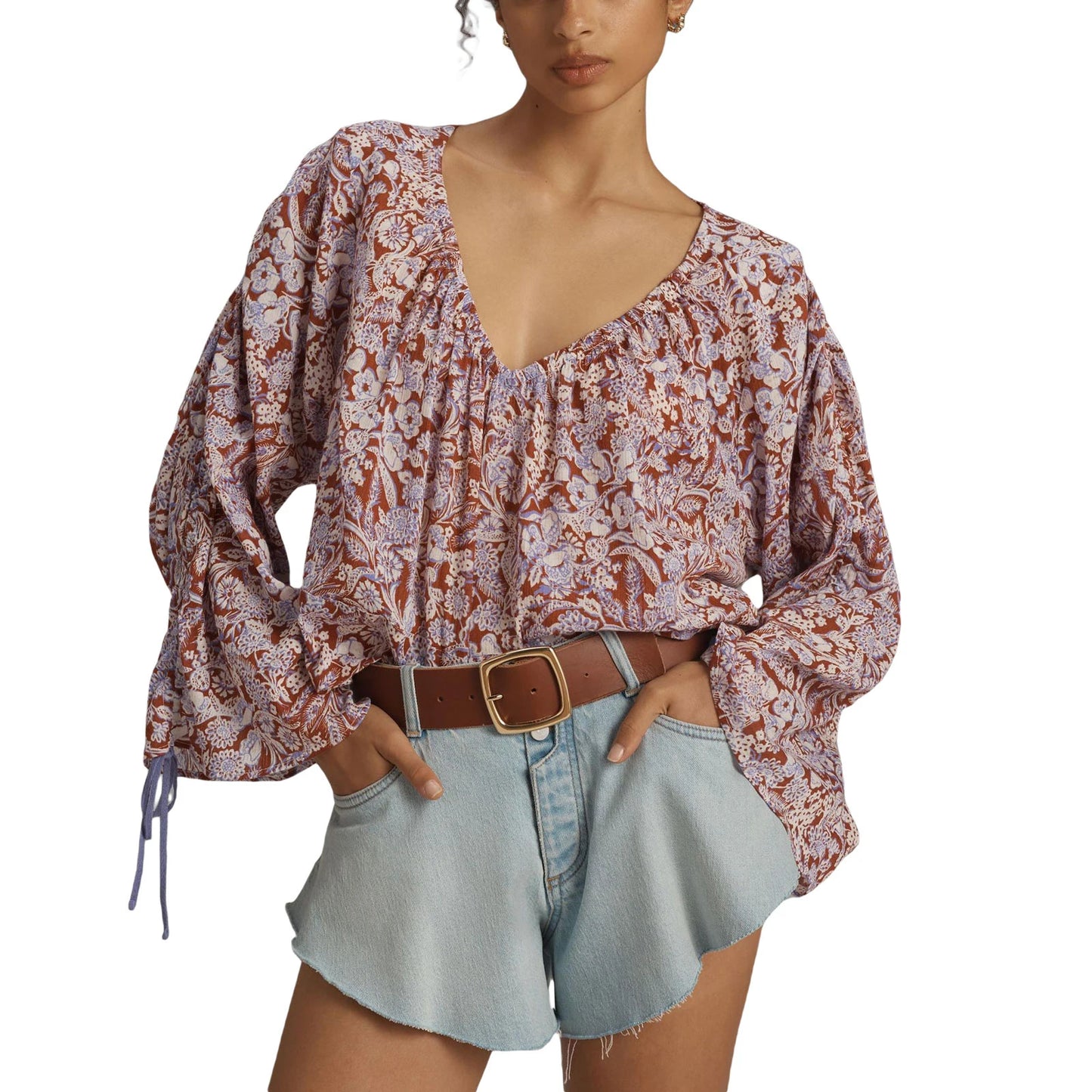 Boho Bloom Lace-Up Floral Blouse