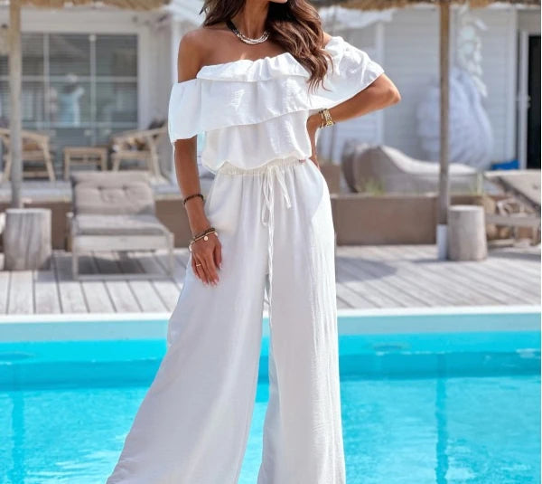 Off-Shoulder Frill Hem Jumpsuit