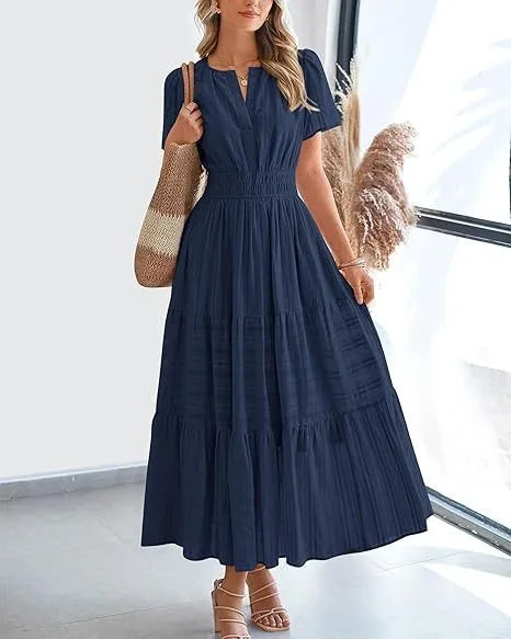 V-Neck Puff Sleeve Beach Dress
