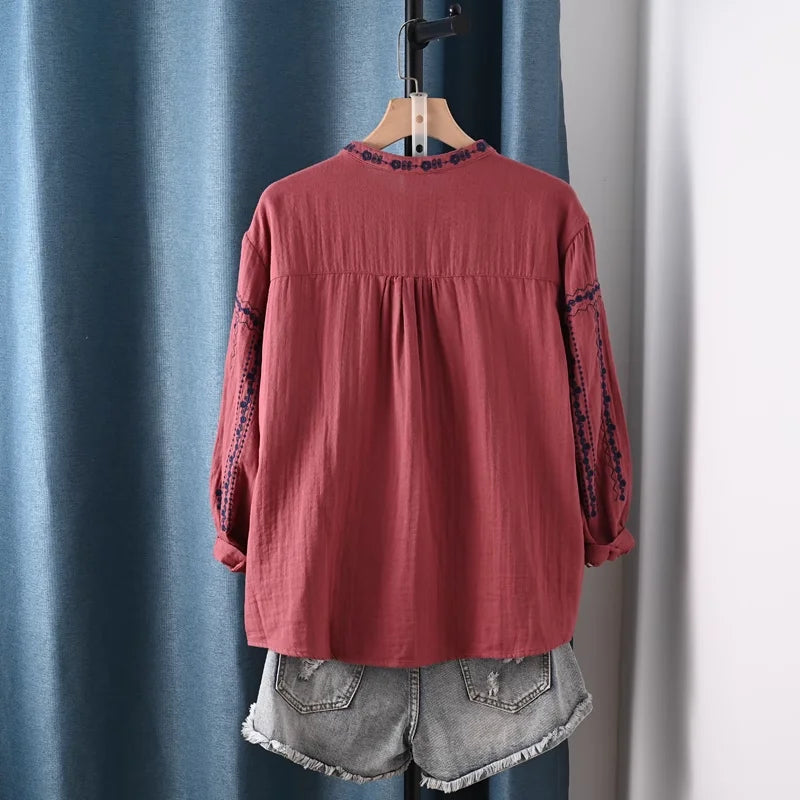 Boho Bloom Embroidered Cotton Shirt