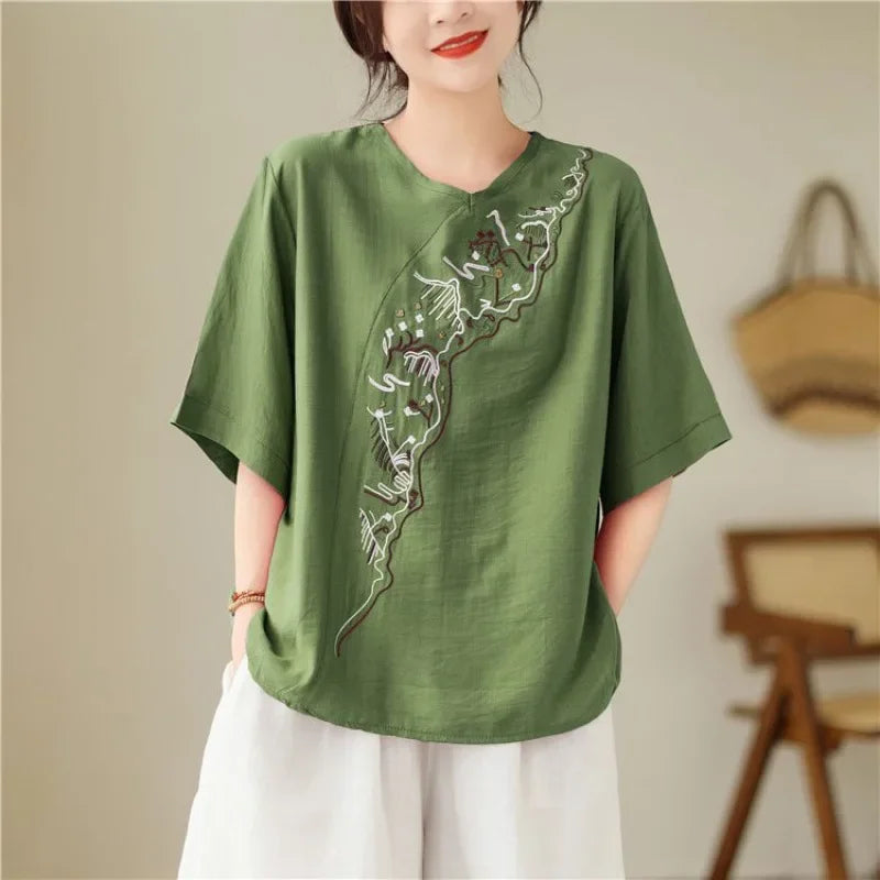 Lotus Whisper Embroidered Tea Blouse