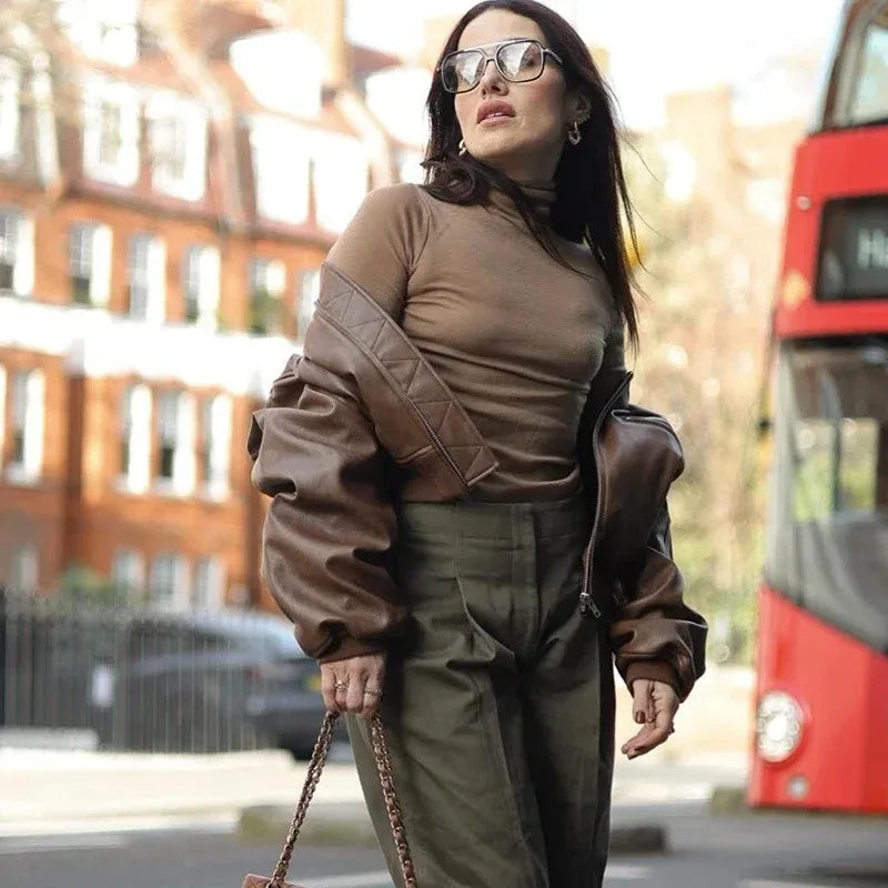 Vintage O-Neck Leather Jacket