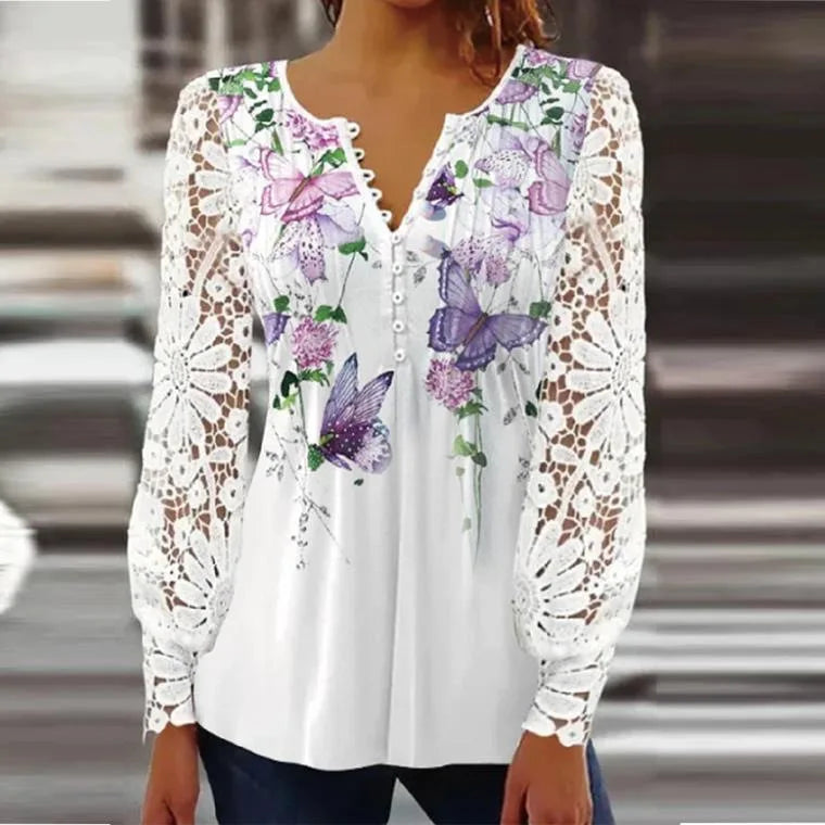 Sexy Lace V-Neck Pleated Blouse