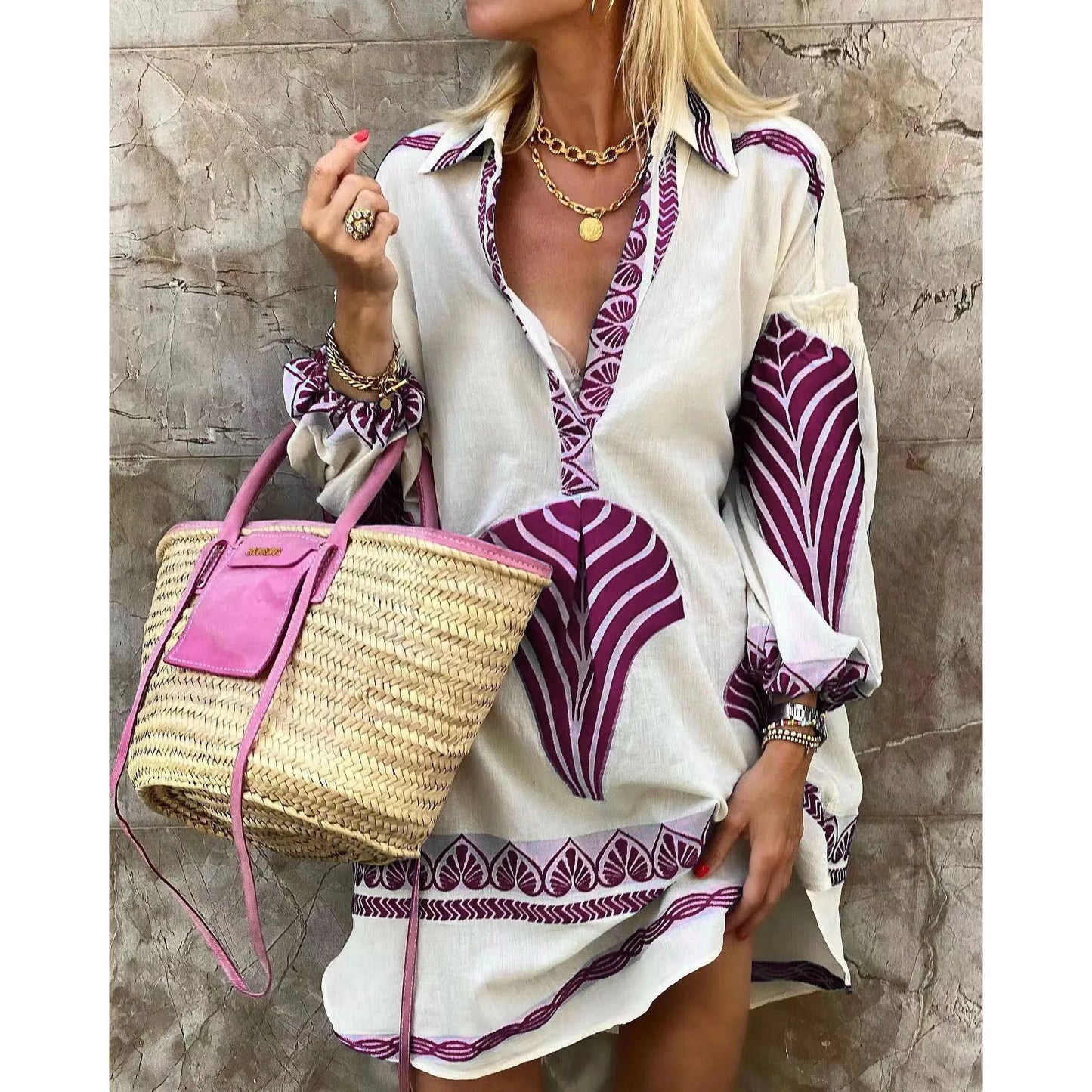V-Neck Long Shirt Midi Dress