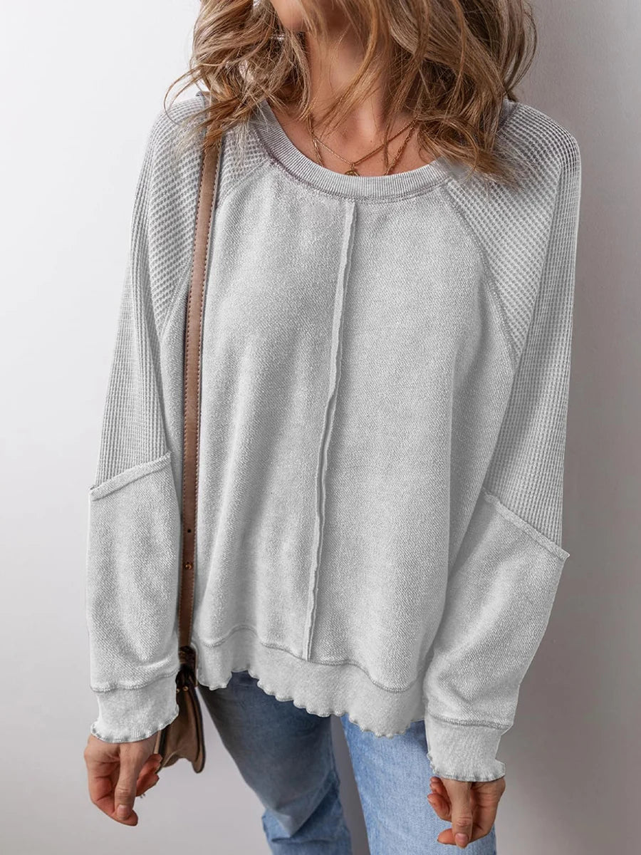 Patchwork Charm Waffle Knit Pullover
