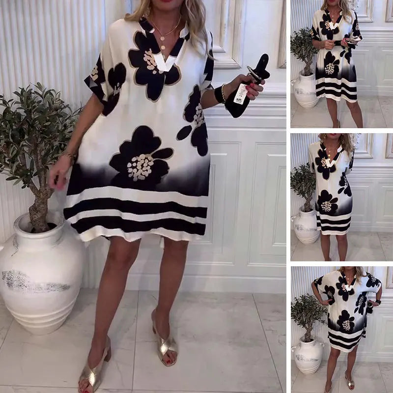 Printed V-Neck Casual Day Dress