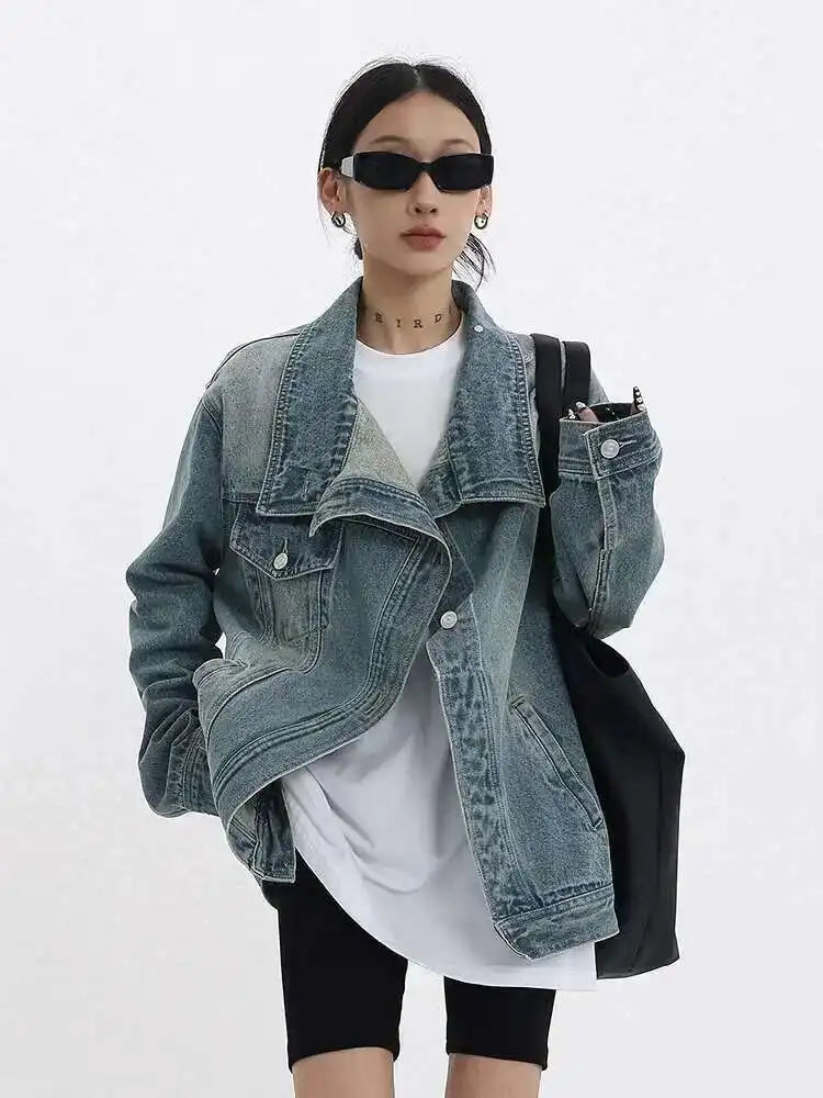 Denim Charm Patchwork Turtleneck Coat
