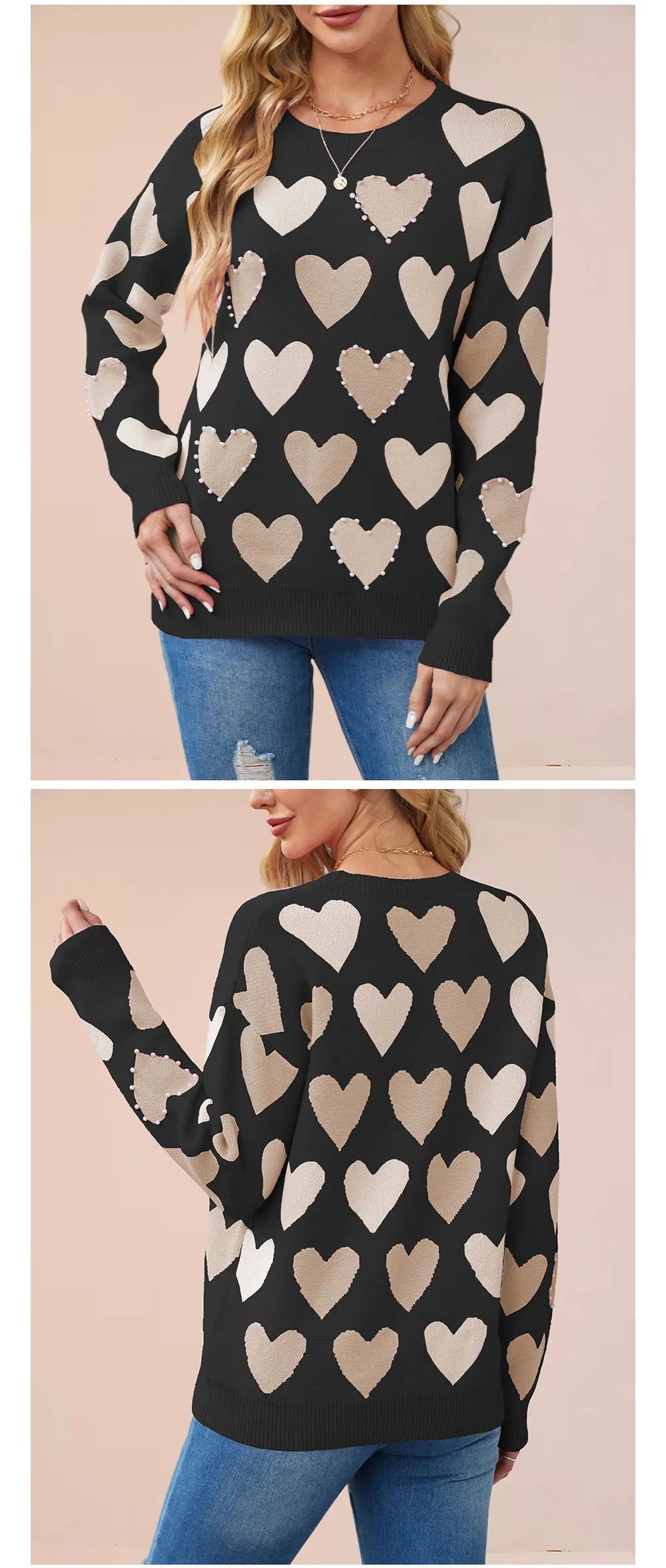Pearl Heart Beaded Knit Pullover Sweater