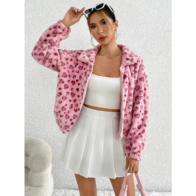 Love Spots Leopard Plush Zipper Jacket