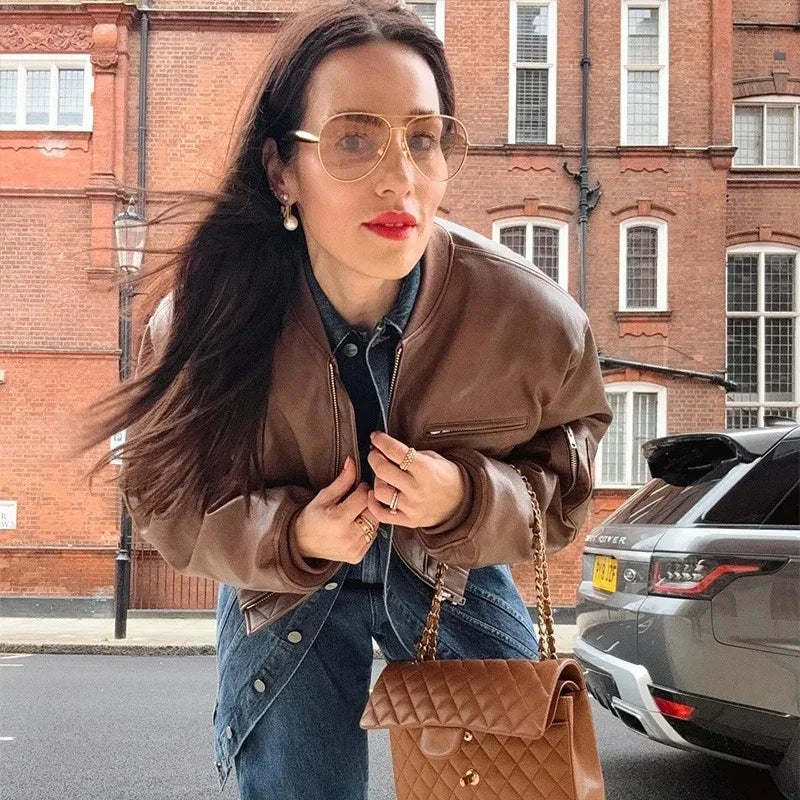 Vintage O-Neck Leather Jacket