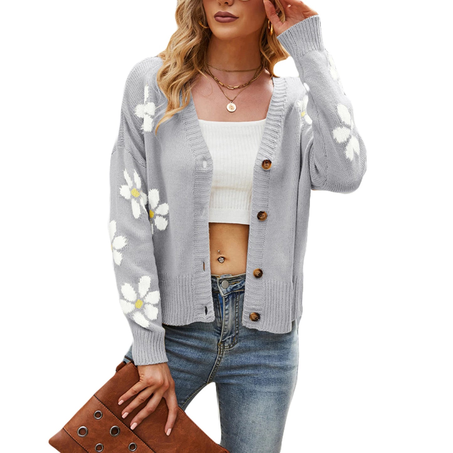 Blossom Knit V-Neck Button Cardigan