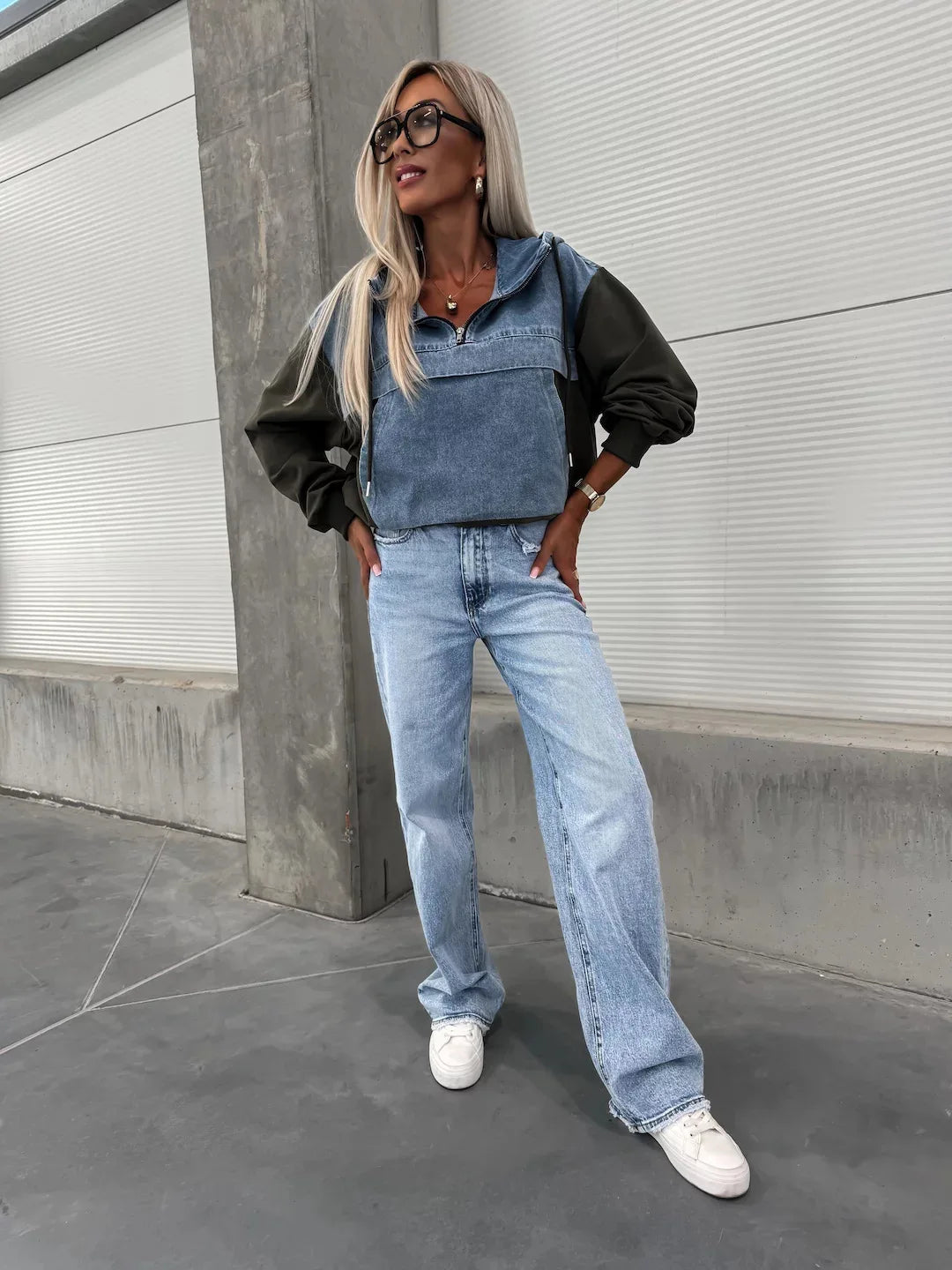 Denim Zip-Up Hooded Sweatshirt