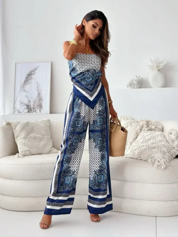 Satin Bloom Lace-Up Two-Piece Set