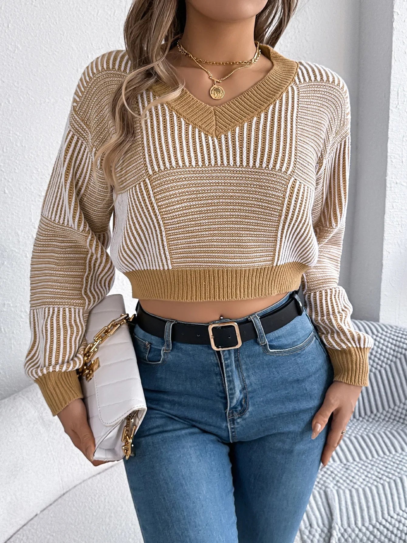 Striped Charm V-Neck Crop Sweater