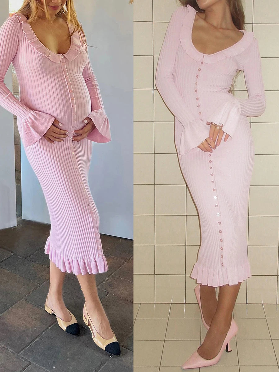 Rib Flair Buttoned Ruffle Knit Dress