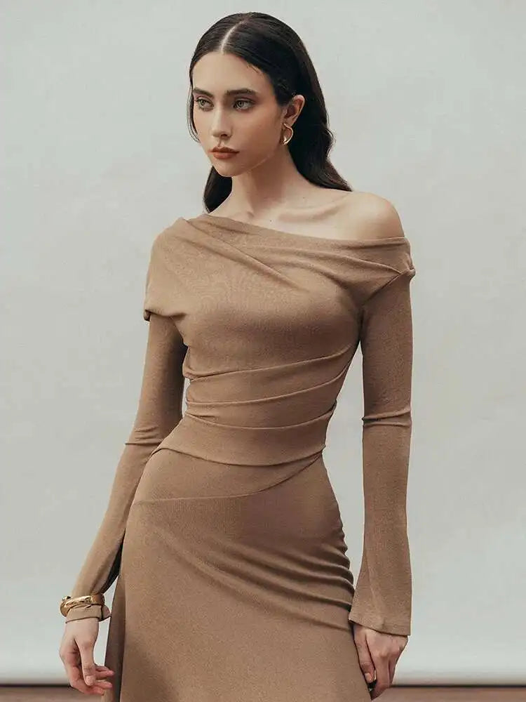 Crimson Drape One-Shoulder Knit Dress